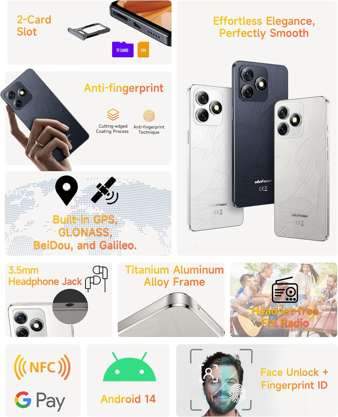 Ulefone Note 18 Pro Handy ohne vertrag, 64MP+50MP+32MP Kamera 12GB+256GB/SD-2TB Android 14 Smartphon