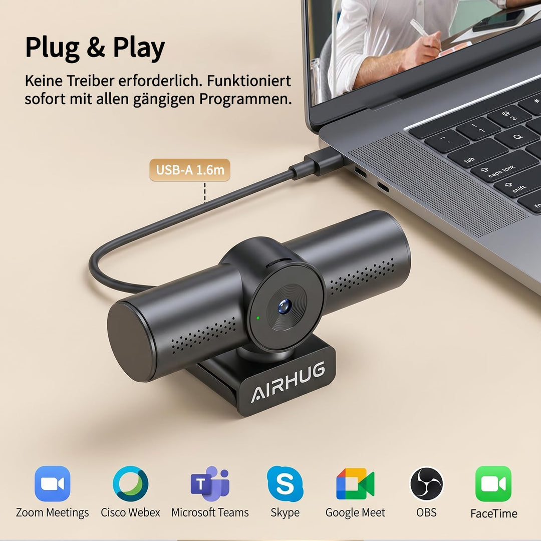 AIRHUG 4K 30fps Webcam-Sony 16MP Sensor,PDAF Autofokus,Auto-Lichtkorrektur,Zwei omnidirektionale Mik