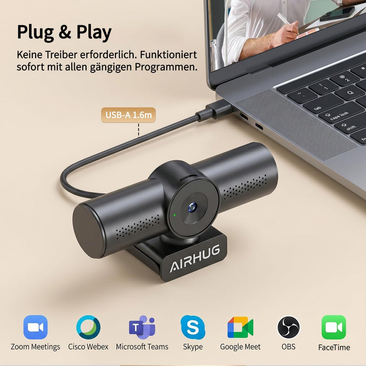 AIRHUG 4K 30fps Webcam-Sony 16MP Sensor,PDAF Autofokus,Auto-Lichtkorrektur,Zwei omnidirektionale Mik