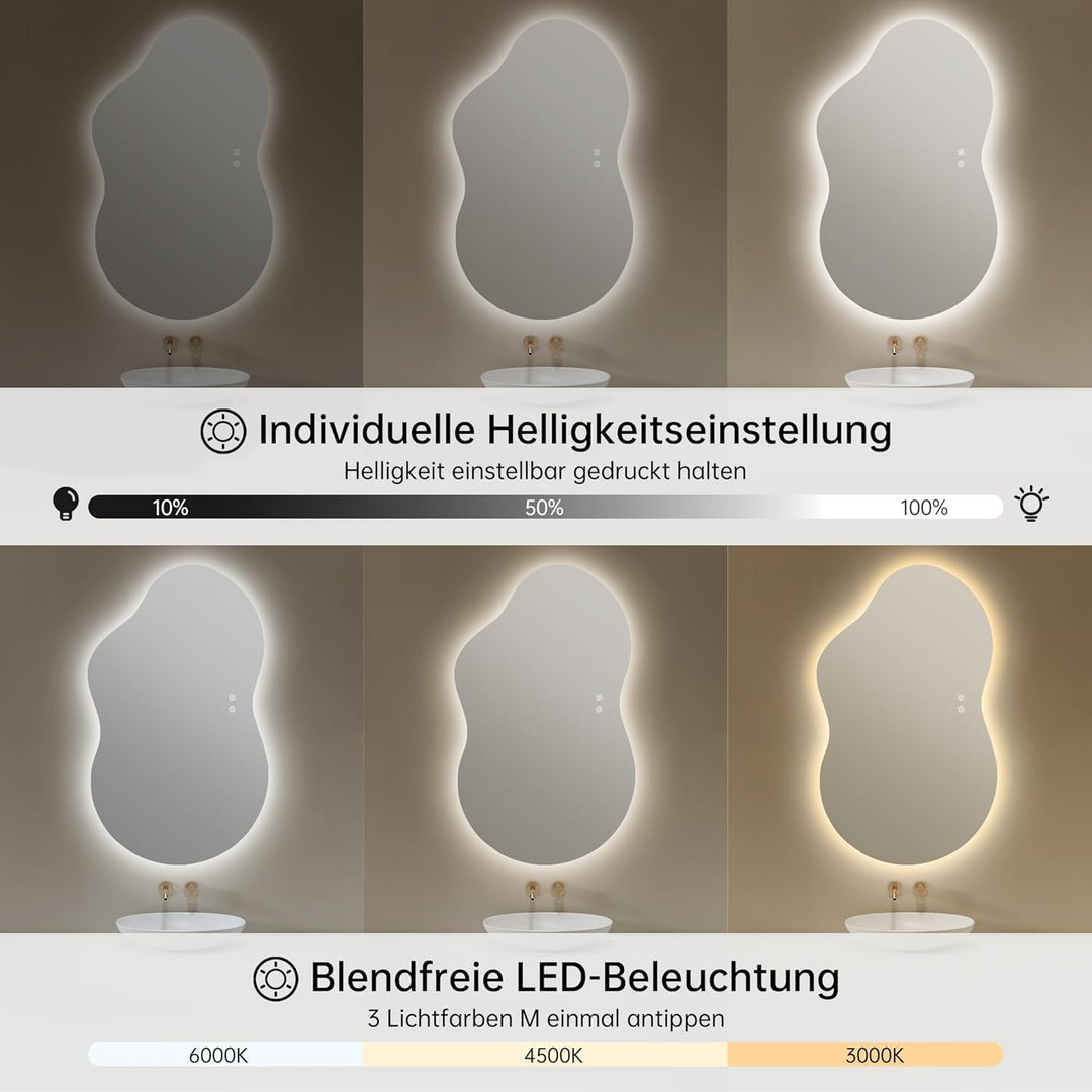 Spiegel mit Beleuchtung Asymmetrischer LED Badspiegel 100 x 60 cm mit Touch-Schalter, Dimmbar 3 Lich