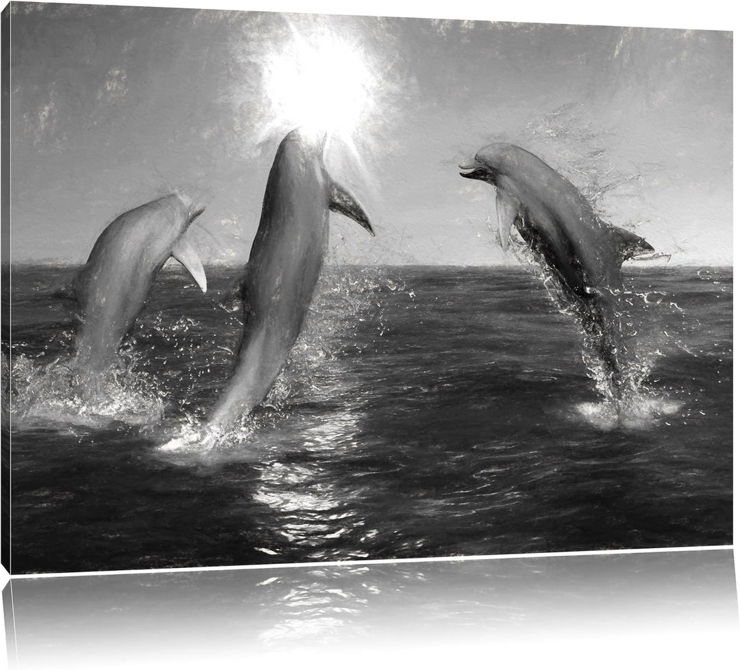 Pixxprint springende Delphine im Meer Kohle Effekt, Format: 100x70 auf Leinwand, 100x70