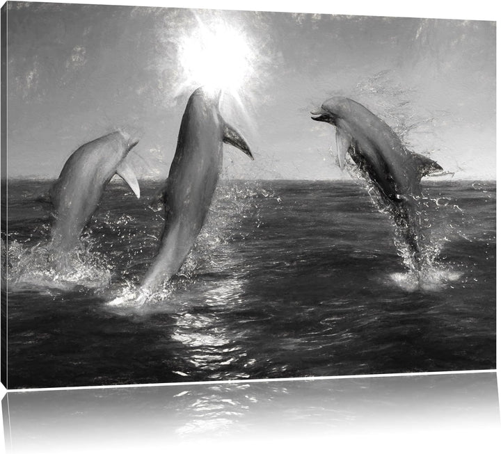Pixxprint springende Delphine im Meer Kohle Effekt, Format: 100x70 auf Leinwand, 100x70