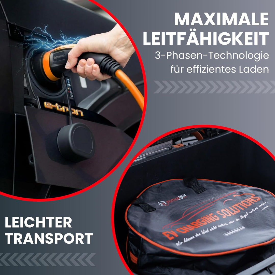 TEUTSCHTECH, EV Ladekabel orange I 5M I TYP2 - TYP2 I 11kW I 3X16A I 3-phasig I Mit Lade- Temperatur