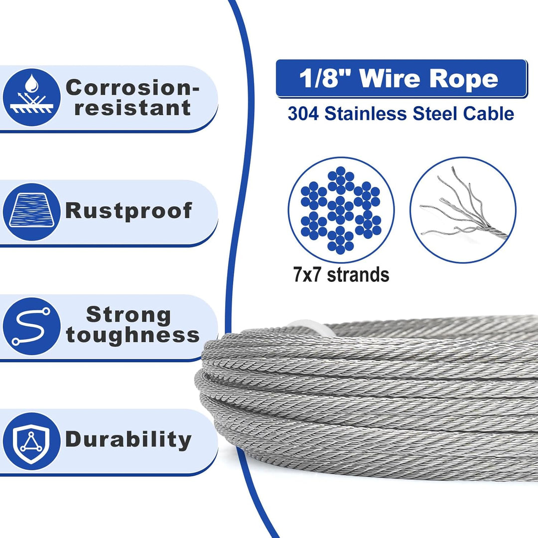 TooTaci Edelstahlseil 3mm Set,122M/3mm Stahlseil mit M5 Spannschlösser Kit,304 Edelstahl Drahtseil &