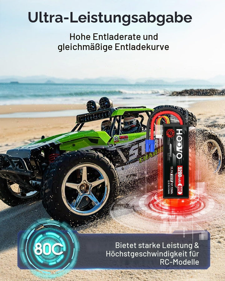 HOOVO 11,1V Lipo Akku 3S 5200mAh 80C HardCase RC Akku Battrien mit EC5 Anschlussstecker für RC Scale