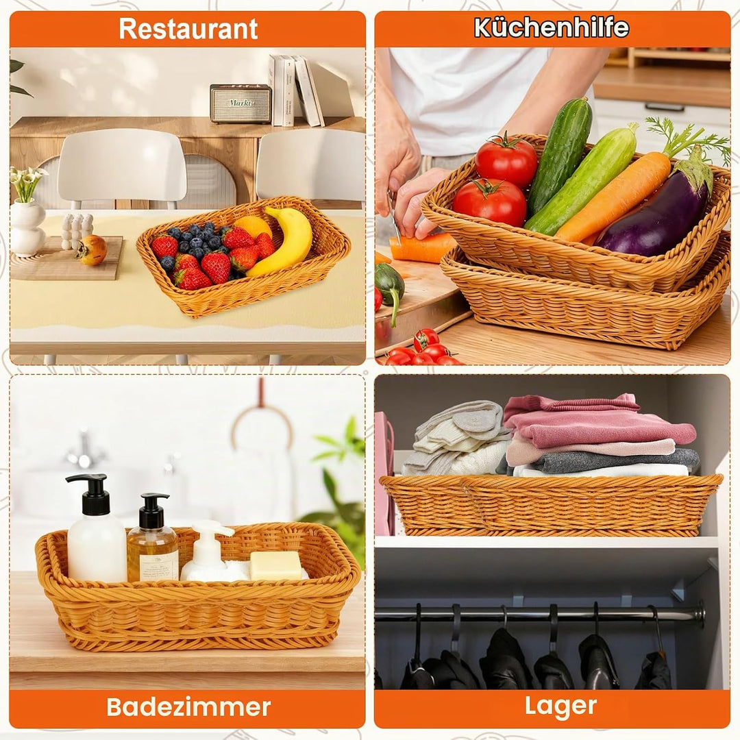 3er Set Brötchenkorb Rechteckig, 30 x 20 x 7 cm Hochwertiger Geflochten Brotkorb Geschenkkorb Leer f