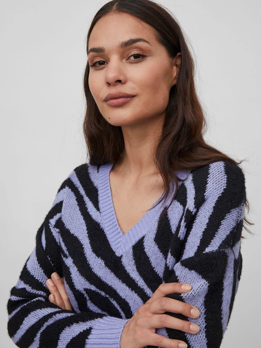 Vila Damen Viril Feami Mix V-Neck L/S Knit Top-noos Pullover XS Pale Iris/Pattern:with Black, XS Pal
