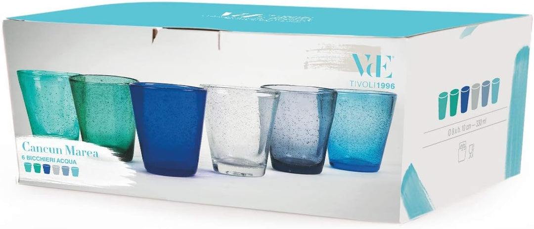 Villa d’Este Home Tivoli 5907746 Cancun/Marea Wasserbecher, 330 ml, mundgeblasen, Glas, Blaue Schatt