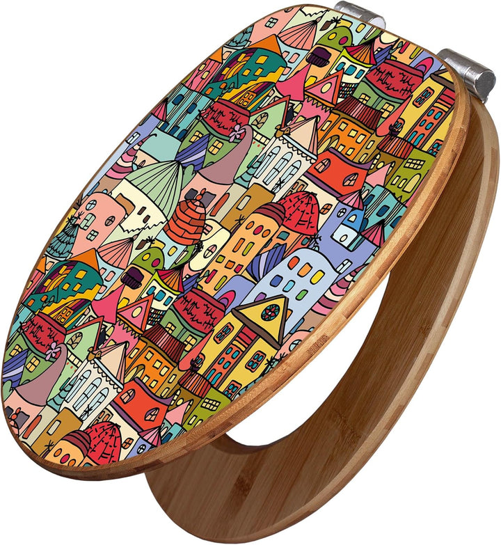 banjado® Design WC Sitz Bambus Absenkautomatik mit Motiv Funky Town/Toilettendeckel mit Absenkautoma
