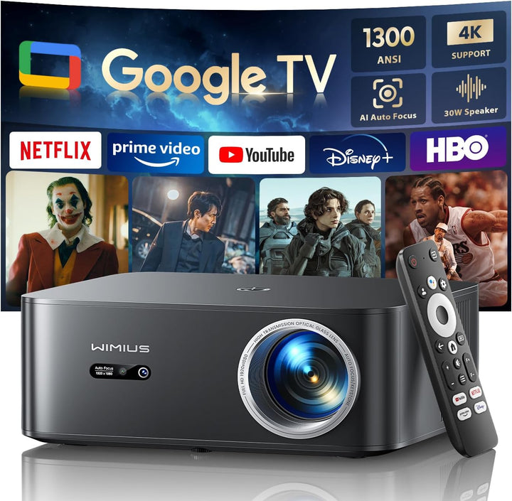 Beamer 4K [1300 ANSI|Google TV] FHD 1080P Beamer 4K Unterstützt, Autofokus Auto Trapezkorrektur 20W