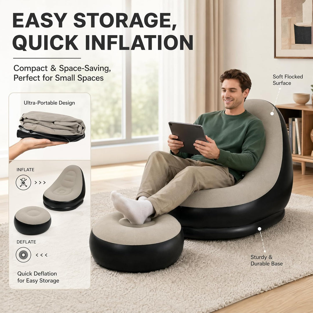 Yuragim Aufblasbares Sofa, Aufblasbarer Sessel mit Fusshocker Wasserdichtes Luftsofa mit Beflockter