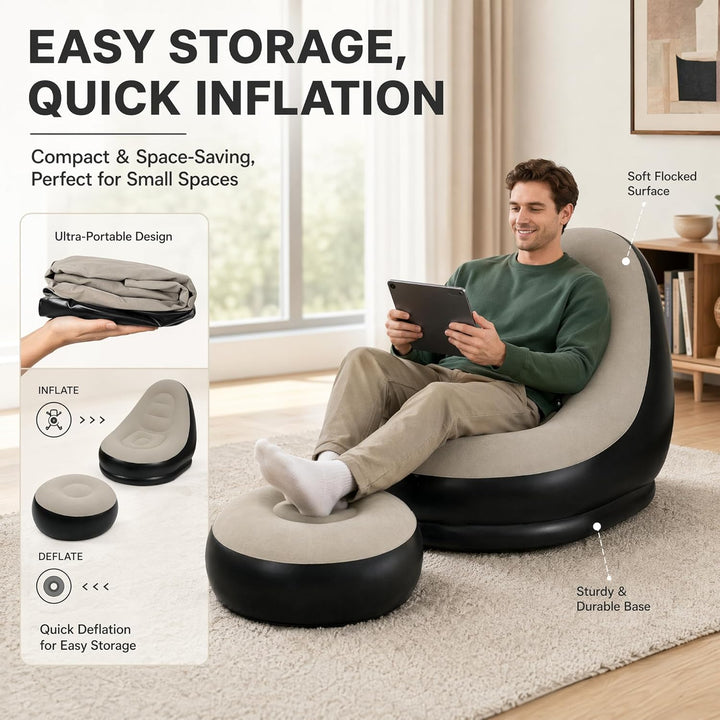 Yuragim Aufblasbares Sofa, Aufblasbarer Sessel mit Fusshocker Wasserdichtes Luftsofa mit Beflockter
