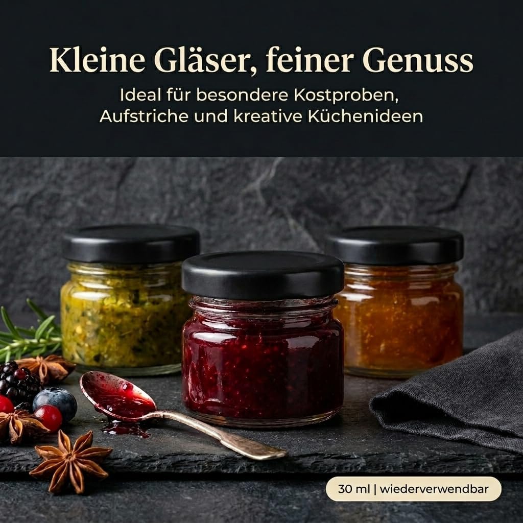 gouveo 48er Set Einmachgläser 30 ml (0,03 l) Mini mit Schraubverschluss schwarz-matt – Runde Mini Vo