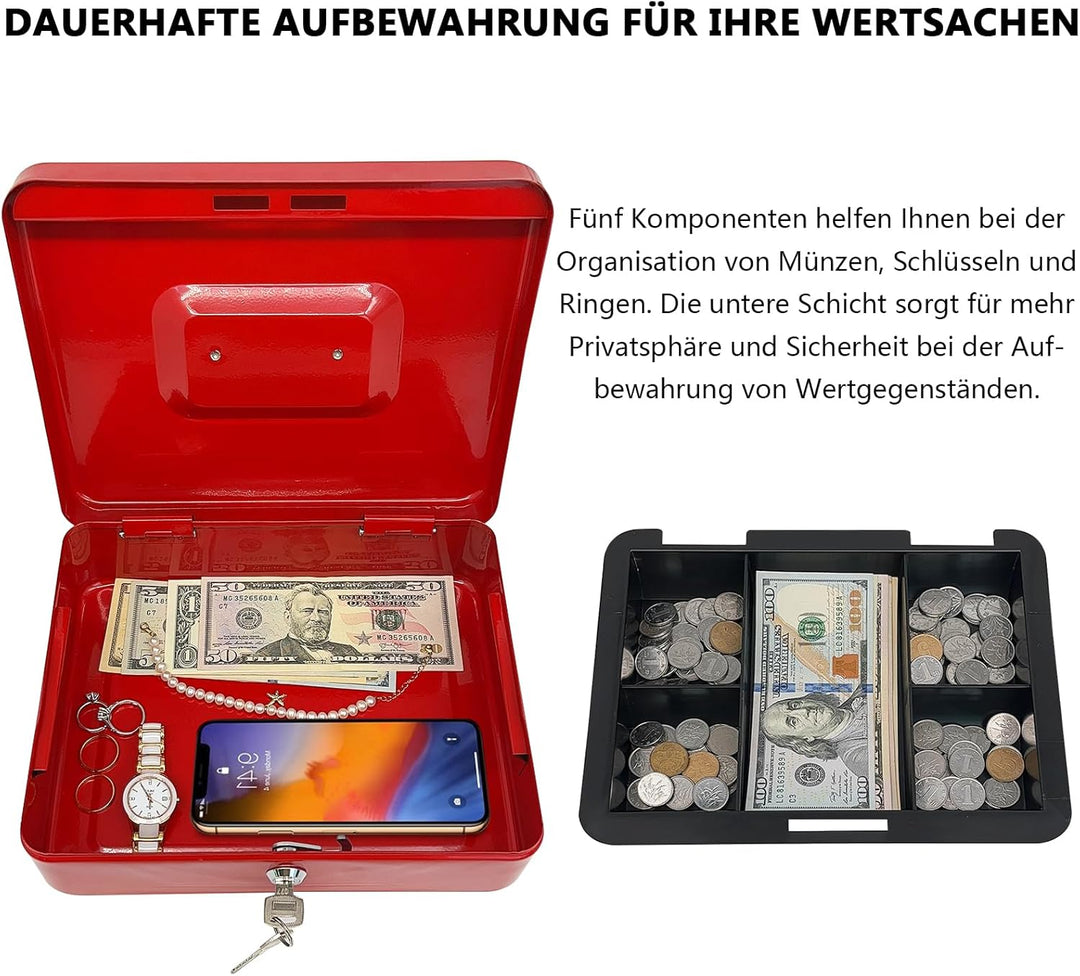 Stahlkassette mit Schlüsselschloss, Metall-Geldkassette mit Geldfach, Geldaufbewahrungsbox mit absch