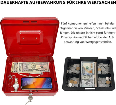 Stahlkassette mit Schlüsselschloss, Metall-Geldkassette mit Geldfach, Geldaufbewahrungsbox mit absch