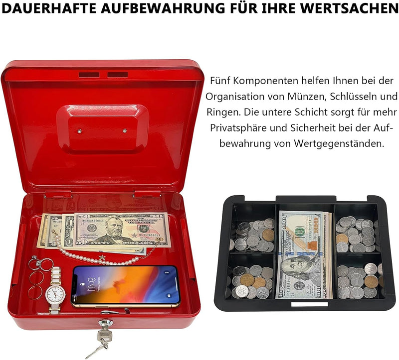 Stahlkassette mit Schlüsselschloss, Metall-Geldkassette mit Geldfach, Geldaufbewahrungsbox mit absch