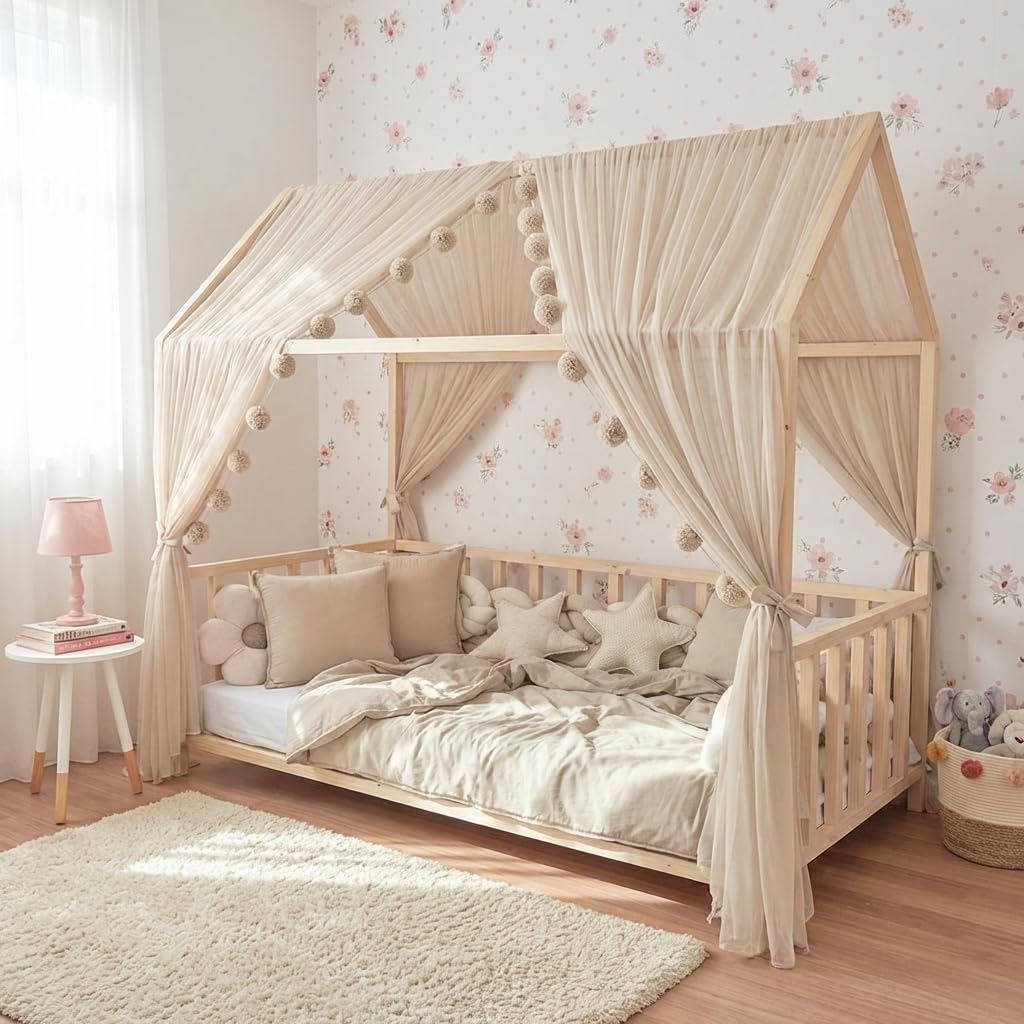 Baby Fancyroom Betthimmel für Hausbett, Bettvorhang aus Tüll, Beige, 2er Set mit Schleifen und Pompo