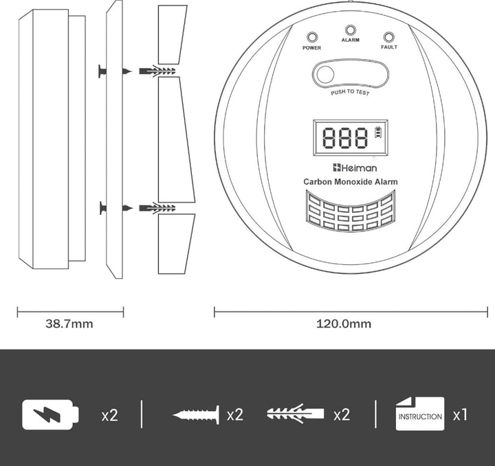 HEIMAN CO Melder Alarm Kohlenmonoxidmelder mit digitaler LCD-Anzeige EN50291, 10 Jahren Sensorlaufze