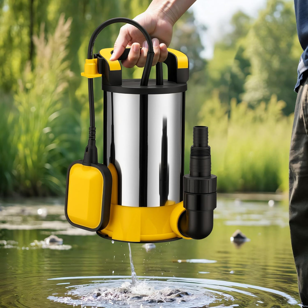 Wiltec Tauchpumpe mit Schwimmer Edelstahl 400 W, flachabsaugende Pumpe bis 1 mm, Tiefbrunnenpumpe bi