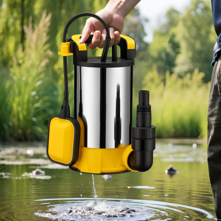 Wiltec Tauchpumpe mit Schwimmer Edelstahl 900 W, flachabsaugende Pumpe bis 1 mm, Tiefbrunnenpumpe bi
