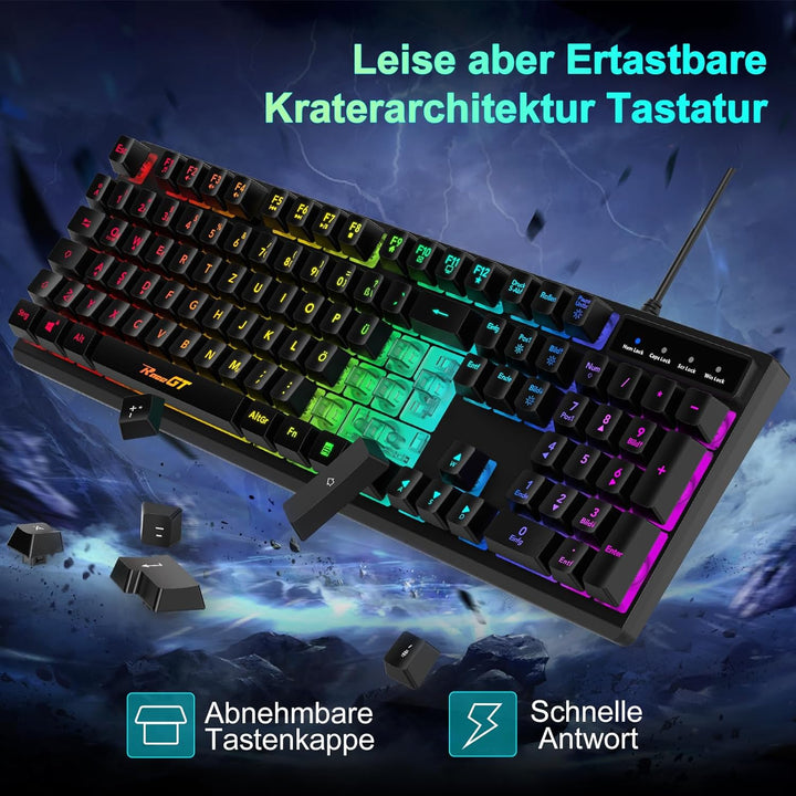 Maus und Tastatur Gaming Büro,RaceGT Tastatur Kabel RGB Beleuchtet LED Hintergrundbeleuchtung Wasser