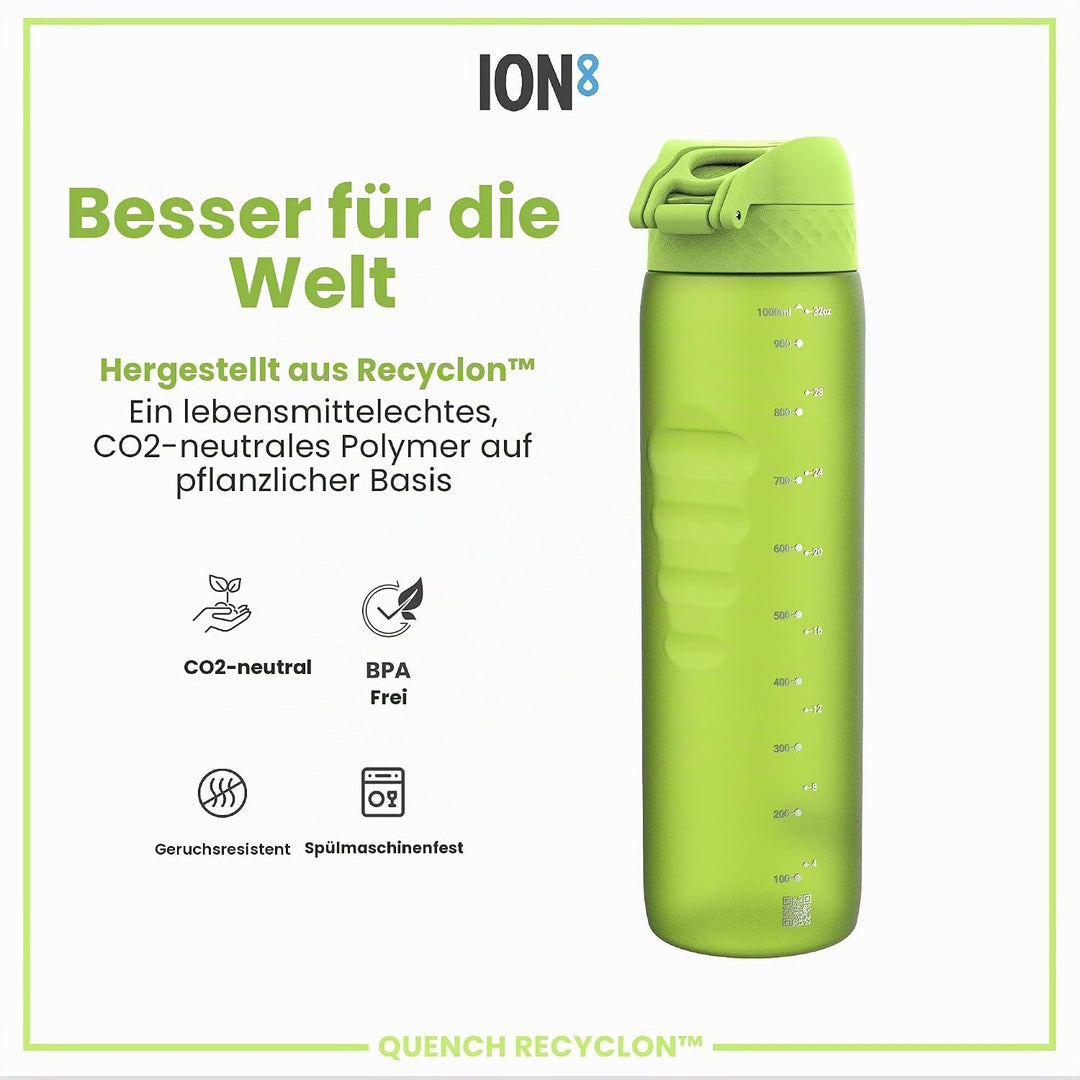 ION8 1 Liter Trinkflasche, 1000ml, Auslaufsicher, Einhandöffnung, Sichere Verriegelung, Spülmaschine