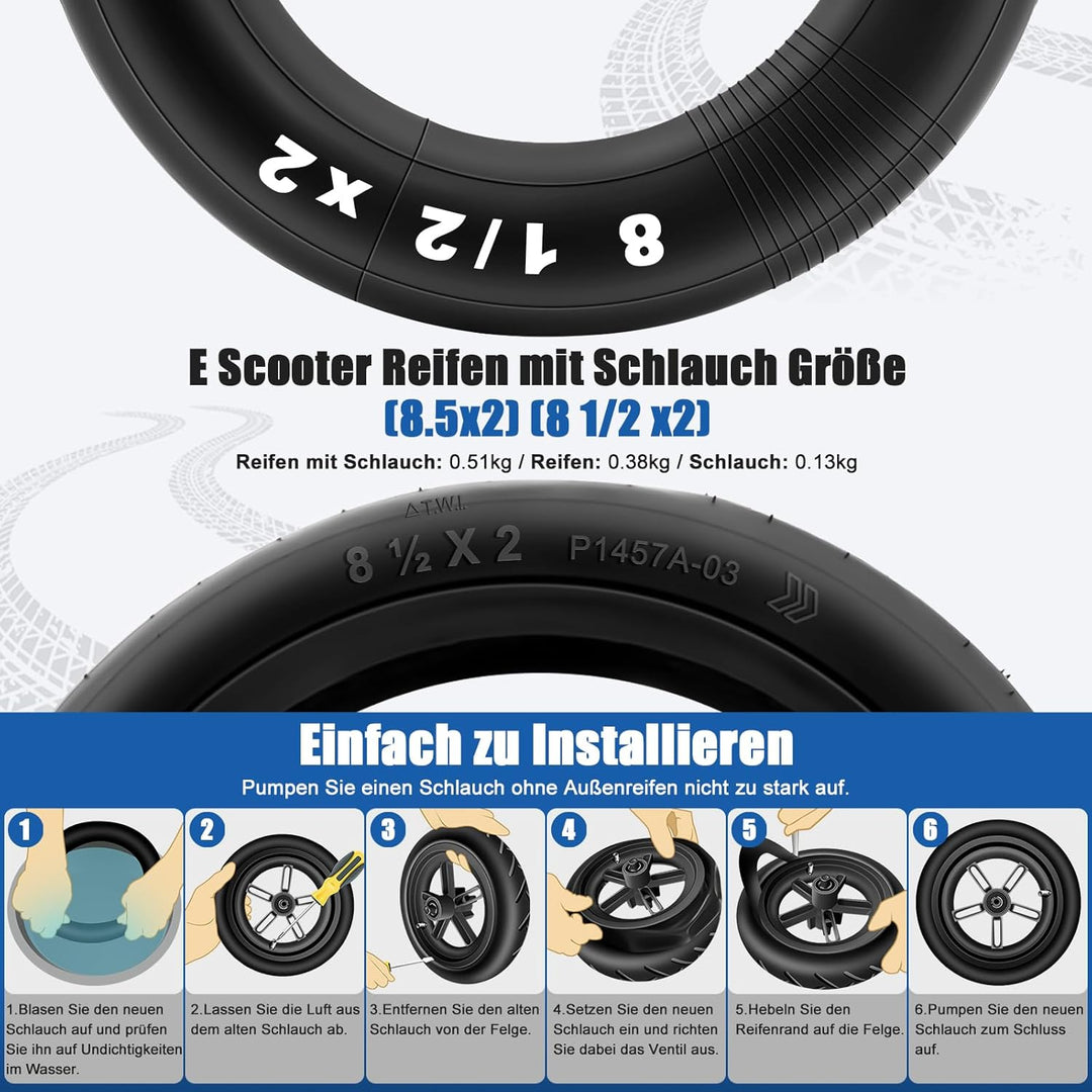 E Scooter Reifen 8 1/2 x2 mit Schlauch 8.5x2.0 Zoll, 50/75-6.1 Reifen und Schlauch Komplettset Verst