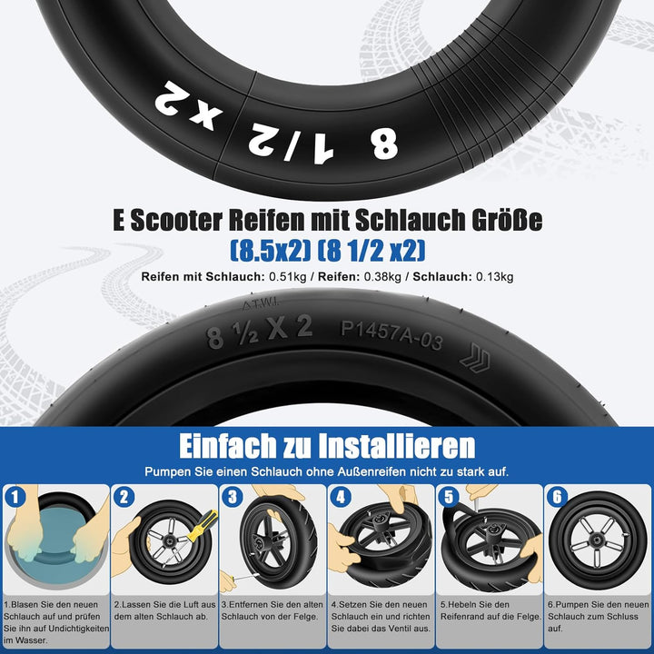 E Scooter Reifen 8 1/2 x2 mit Schlauch 8.5x2.0 Zoll, 50/75-6.1 Reifen und Schlauch Komplettset Verst