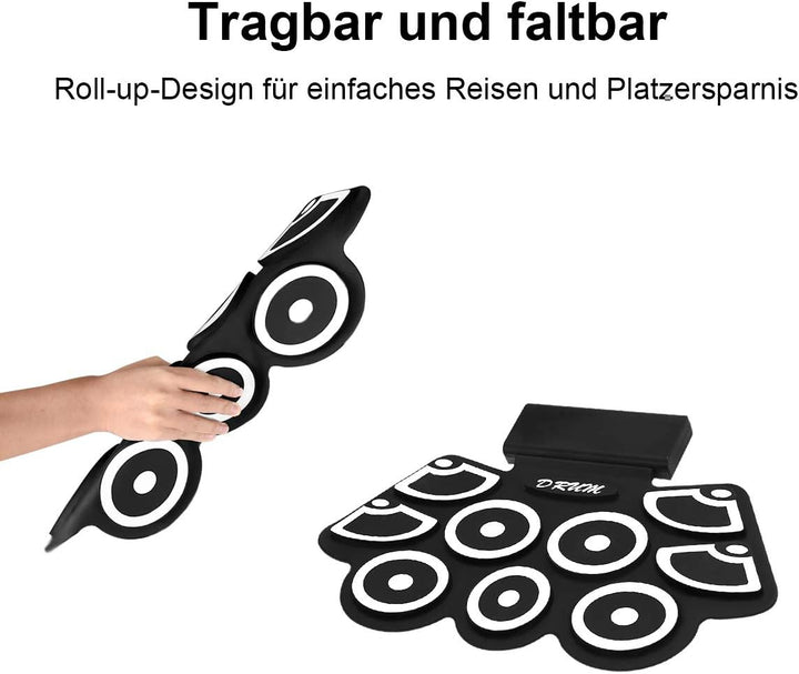 COSTWAY 9 Pads E-Drum, elektronisches Schlagzeug Set mit Bluetooth, Roll-Up-Trommel inkl. Pedale und