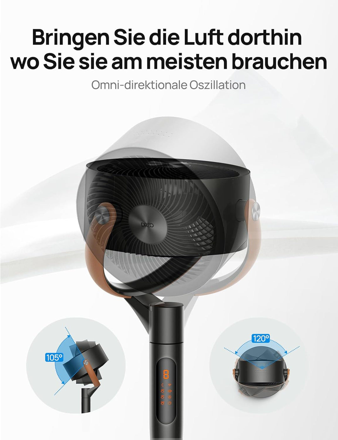 Dreo 25dB leiser Smart Standventilator, 120°+105°Omni-direktional oszillierend Ventilator mit Fernbe