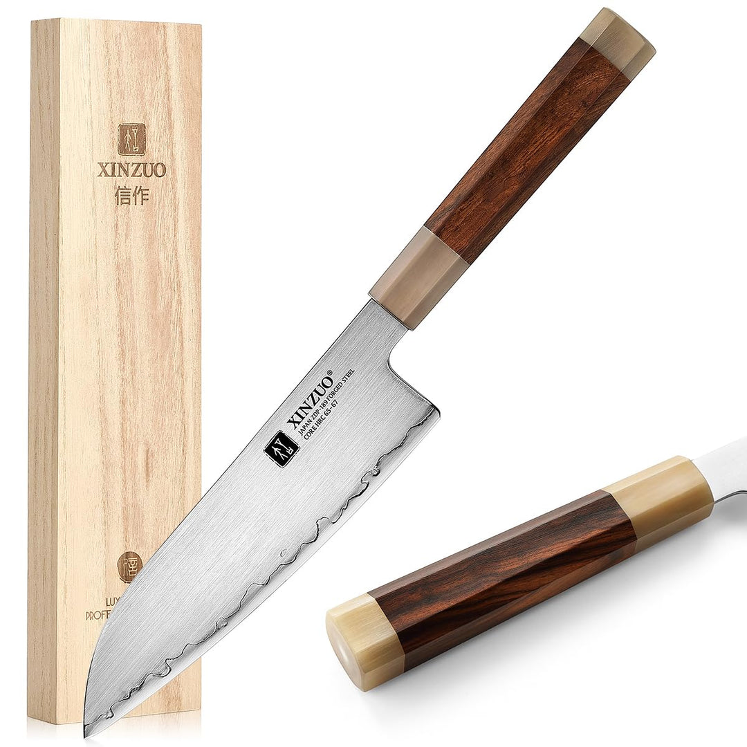 XINZUO 18.3cm Japanisches Santokumesser, Profi Küchenmesser Japanischer ZDP-189-Pulverstahl Chefmess