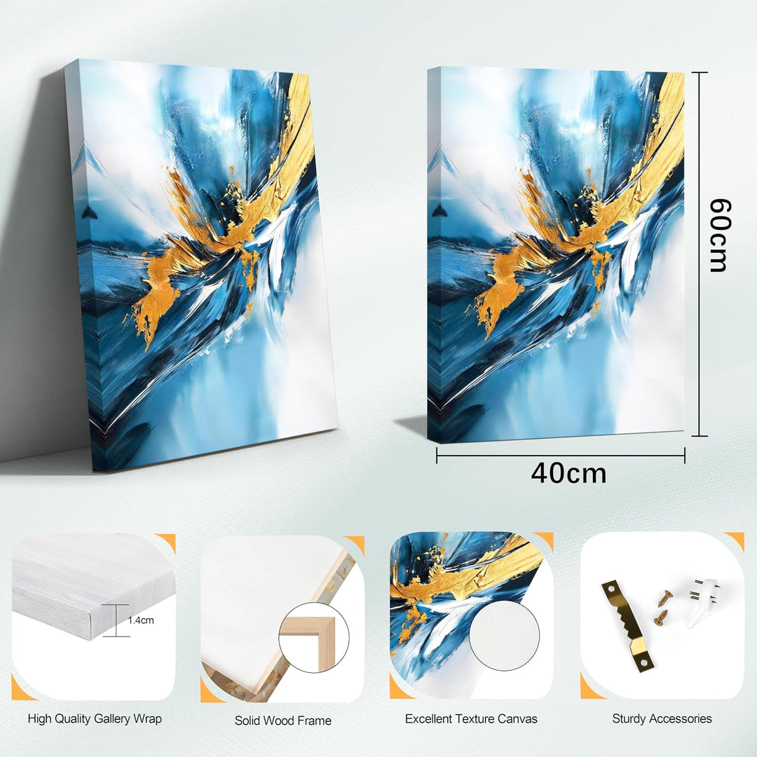 FajerminArt Abstrakt Blau Gold Wellen Leinwandbilder Mit Rahmen, Modern Minimalistisch Bild Auf Lein