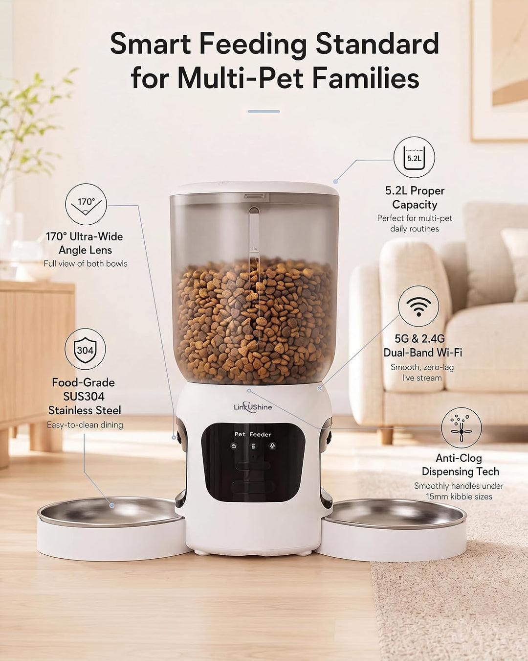 Smarter Futterautomat für Zwei Katzen, Doppelter Futterspender