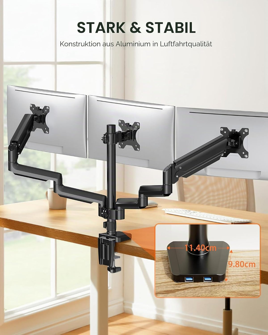 ErGear Monitor Halterung 3 Monitore mit USB-Anschlüssen, Einstellbarer Gasfeder-Monitorhalterung 3 M