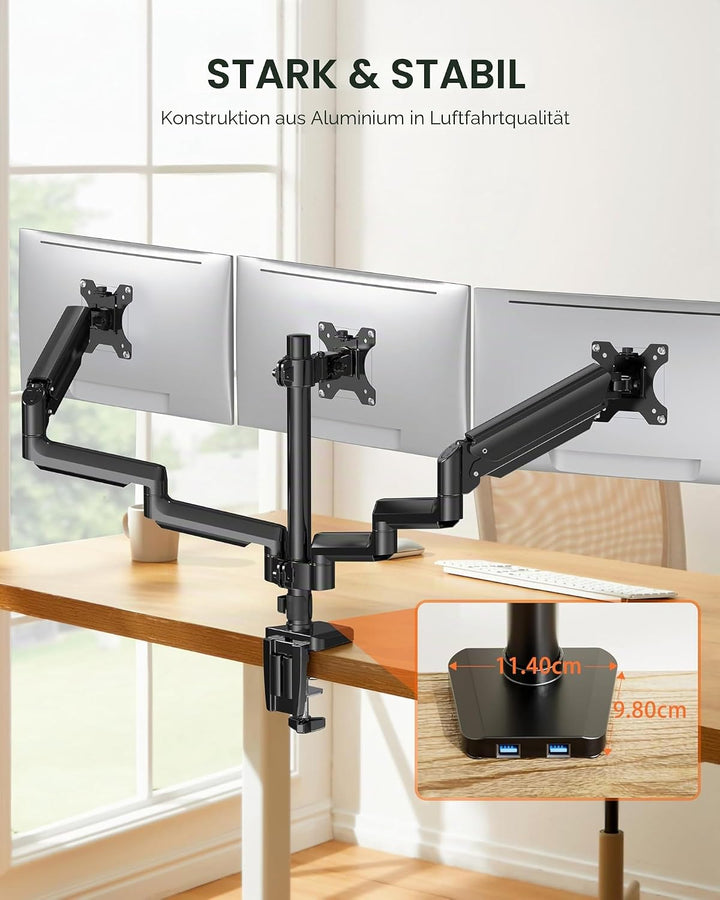 ErGear Monitor Halterung 3 Monitore mit USB-Anschlüssen, Einstellbarer Gasfeder-Monitorhalterung 3 M
