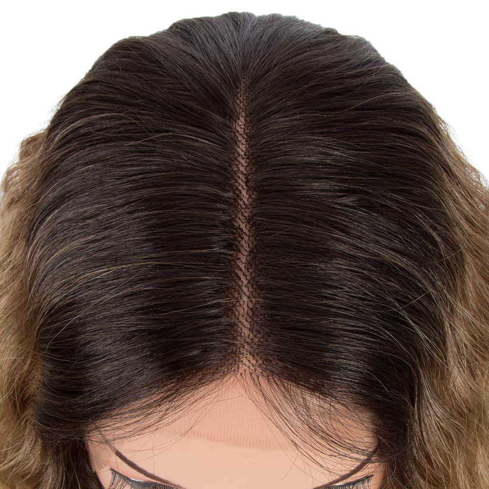 DÉBUT Super Lange Perücke mit Filmansatz Kunsthaar Wasserwelle Perücke mit Mittelscheitel Damen Lace