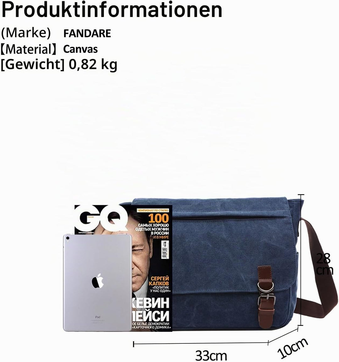 FANDARE Retro Umhängetasche Segeltuch Schultertasche Herren Damen Lehrertasche Briefträgertasche für