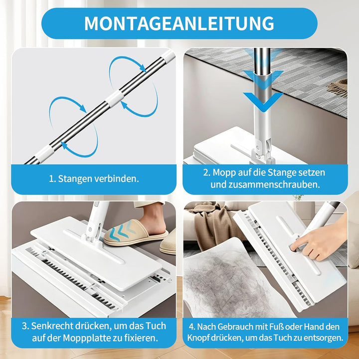 Wischmopp mit Druck-Klemm-System, Mini Mopp mit Automatischem Tuchwechsel, 1-Knopf-Wechsel, Automati