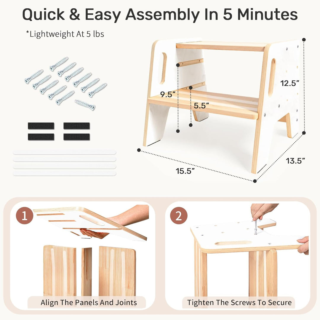WINGYZ Tritthocker Kinder 2 Stufen aus Holz Zweistufiger Hocker mit 3 verstellbaren Höhen, 2 Griffen