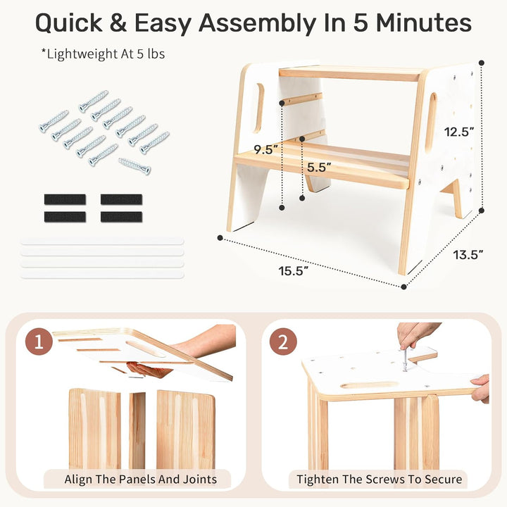 WINGYZ Tritthocker Kinder 2 Stufen aus Holz Zweistufiger Hocker mit 3 verstellbaren Höhen, 2 Griffen