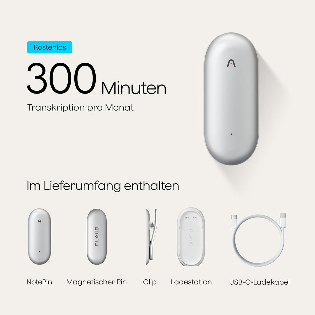 Plaud NotePin Sprachrekorder, KI-Sprachrekorder, App-Steuerung, KI-Notizgerät, KI-Transkription & Zu