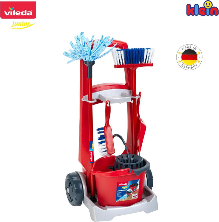 Theo Klein 6741 Vileda Besenwagen | Mit Wischmop, Eimer, Besen und vielem mehr | Vileda-Design | Mas