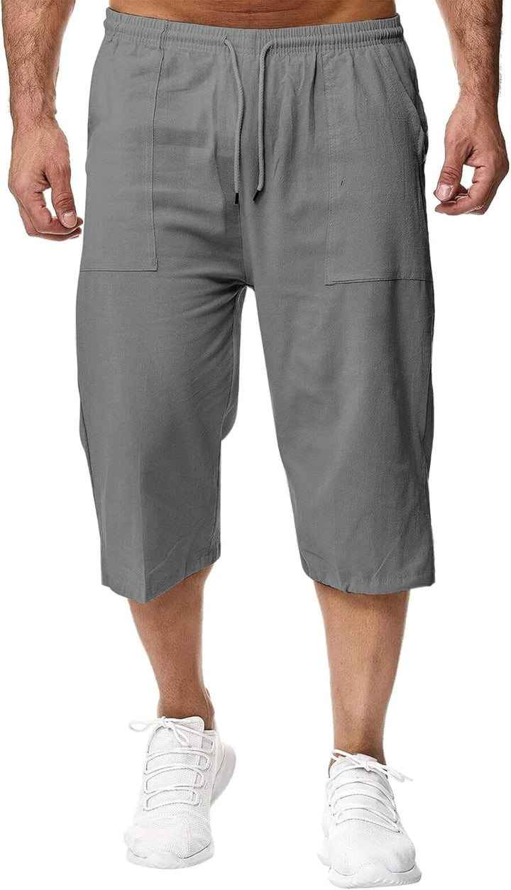 Herren Leinen-Shorts 3/4 Länge Hosen Sommerhose Strand Yoga Jogger Casual Sweatpants Grau S, Grau S