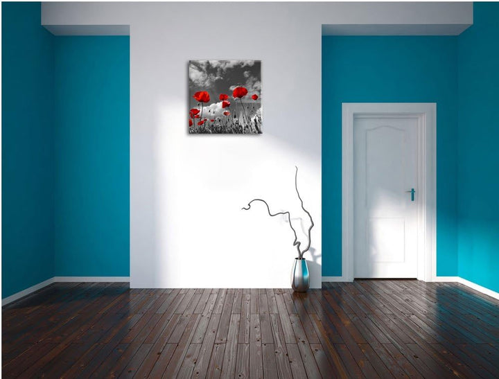 Pixxprint Wiese mit Blumen / 70x70cm Leinwandbild bespannt auf Holzrahmen/Wandbild Kunstdruck Dekora