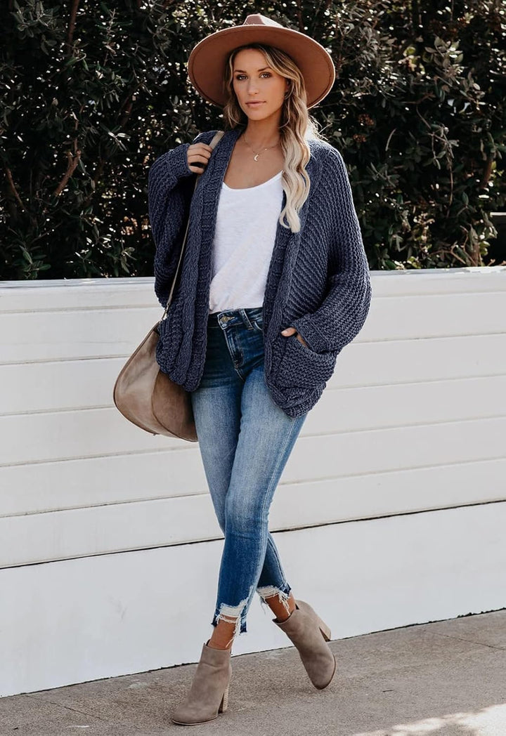 JayscreateEU Strickjacke Damen Cardigan Lange Open Front Sweater mit Tasche Grobstrickjacke Langarm