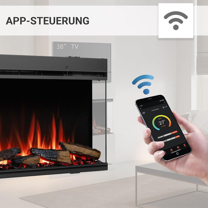 CrownFlame Athena 36" Elektrokamin - Elektrischer Einbaukamin mit Heizung - realistischer 3D-Flammen