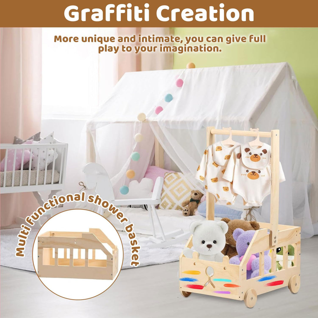 Babyparty Geschenk mit Holz Babykorb auf Rädern | Praktischer Baby Schrank mit Griff & 5 Regenbogen
