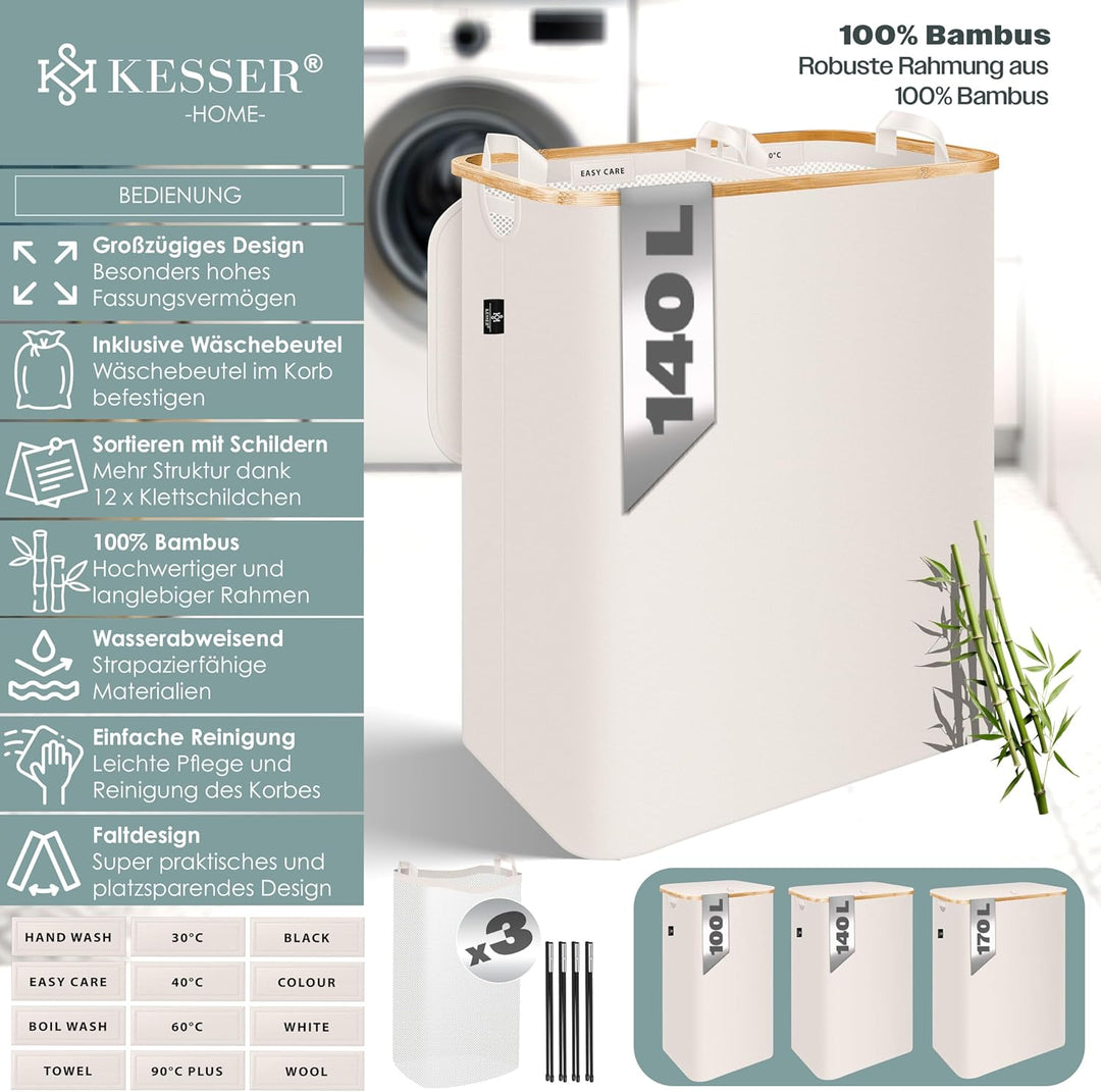 KESSER® Wäschekorb mit Deckel 2 Fächer faltbar 140 Liter Wäschebox Wäschetruhe Wäschekorb Wäschetonn