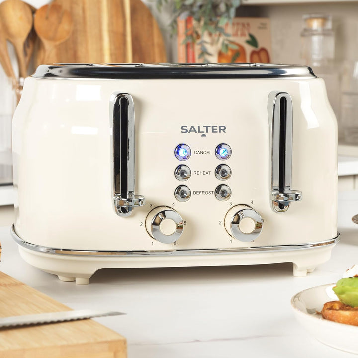 Salter Retro Toaster 4 Scheiben – Breite Schlitze, 6 Bräunungsgrad, Auftauen, Aufwärmen, Abbrechen F