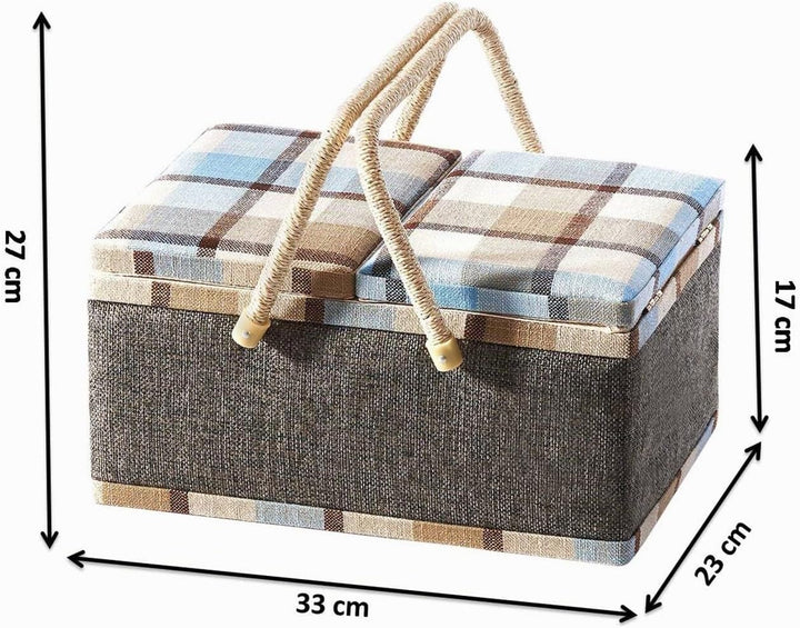 Kobolo Nähkästchen Nähkorb Nähkörbchen Nähkasten - blau kariert - Stoff - 33x23x17 cm